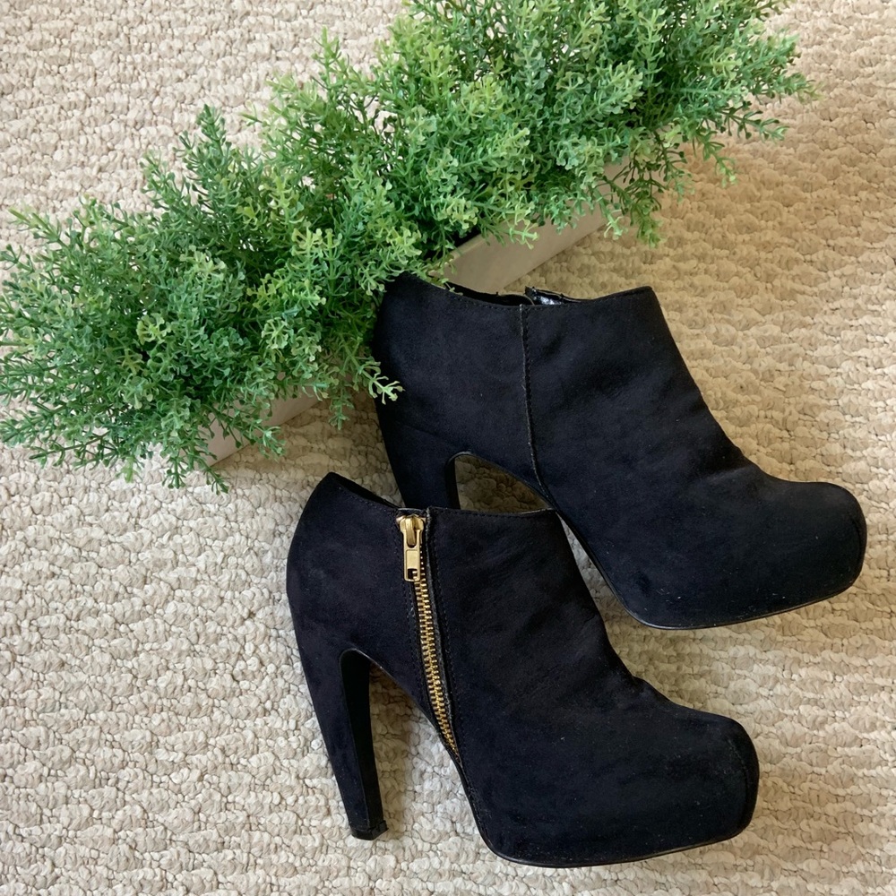 Black Suede Heel Booties Gold Zipper